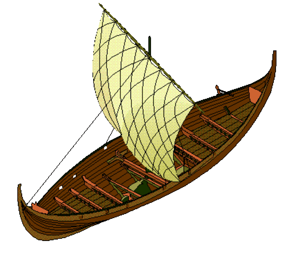 An overview of a smaller knarr, or trading ship with deeper draught than a longship