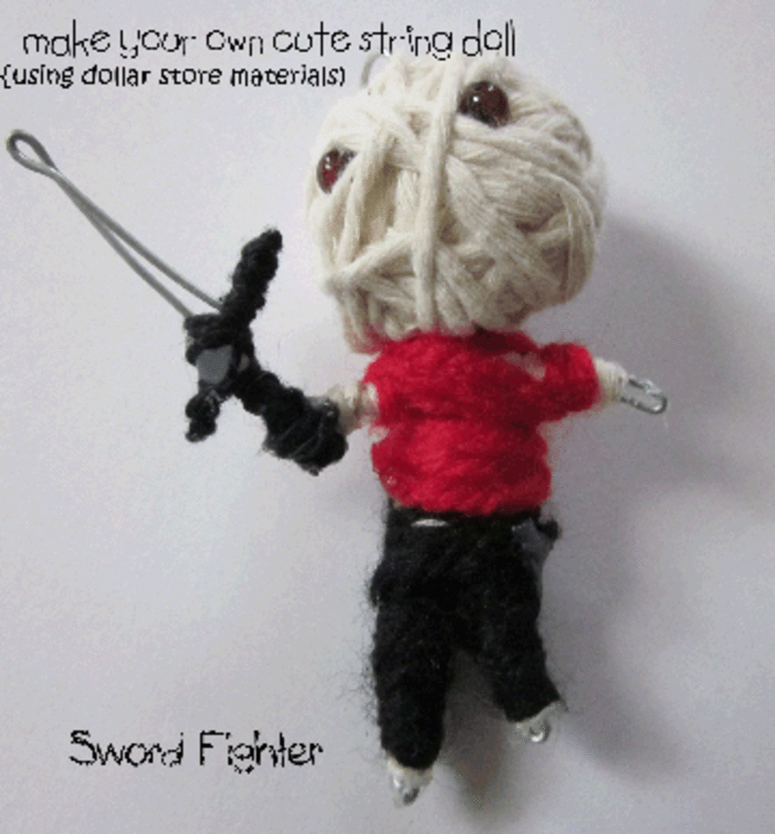 String Doll Idea #3 Sword Fighter: Use colored string and add an extra sword with wire.  Use glue gun.
