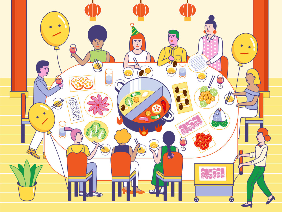 Cartoon image of a family enjoying hotpot during Chinese New Year.
