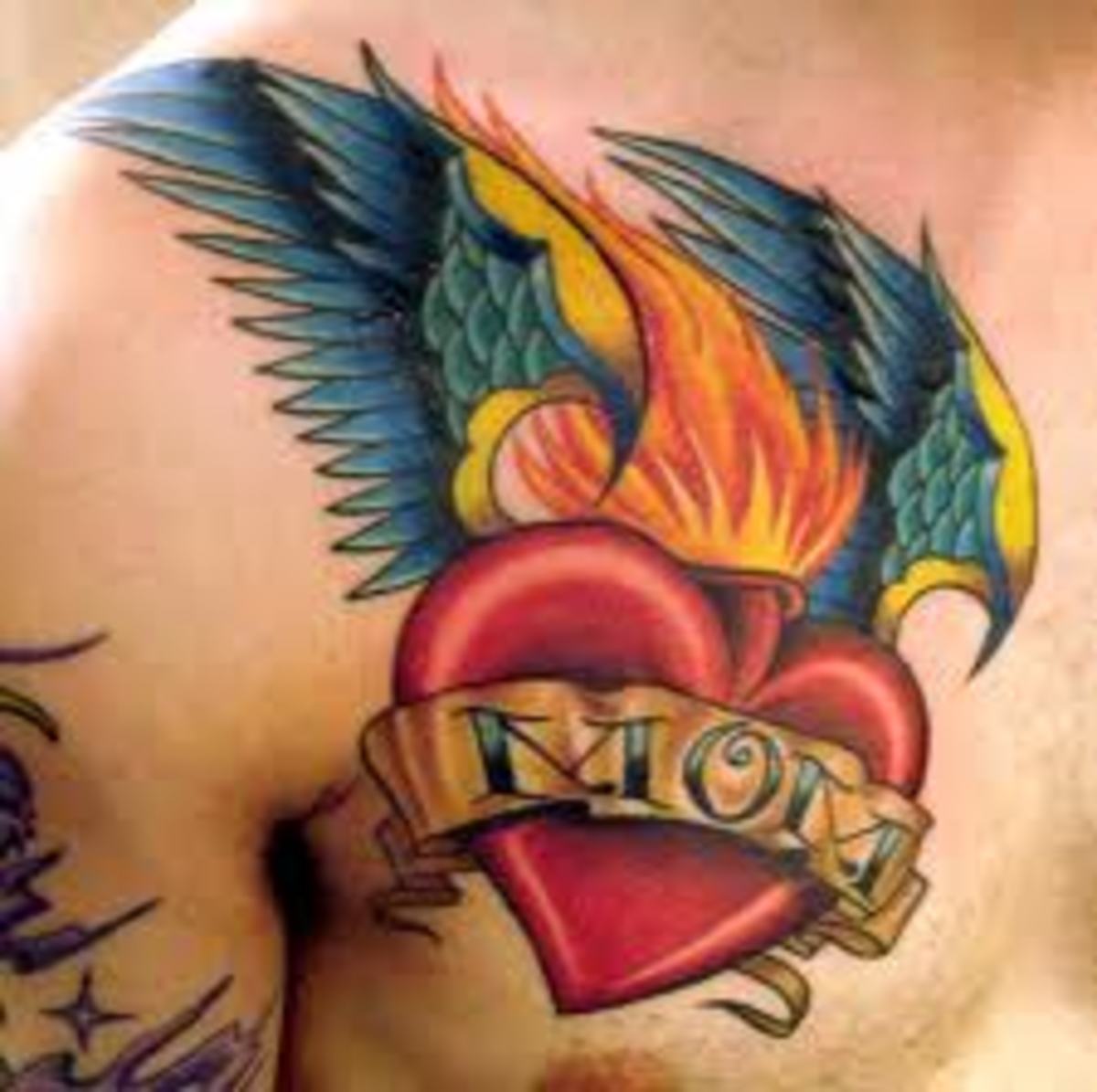 Burning Mom Heart Tattoo On Left Chest For Men