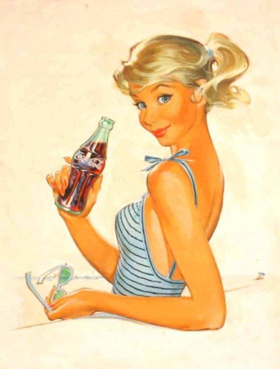 1941 blond girl with ponytail and blue swim suit with bottle of Coca Cola