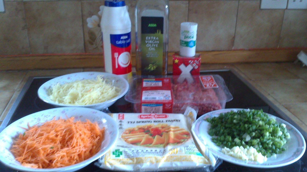 Ingredients of minced beef with potatoes and carrot spring rolls