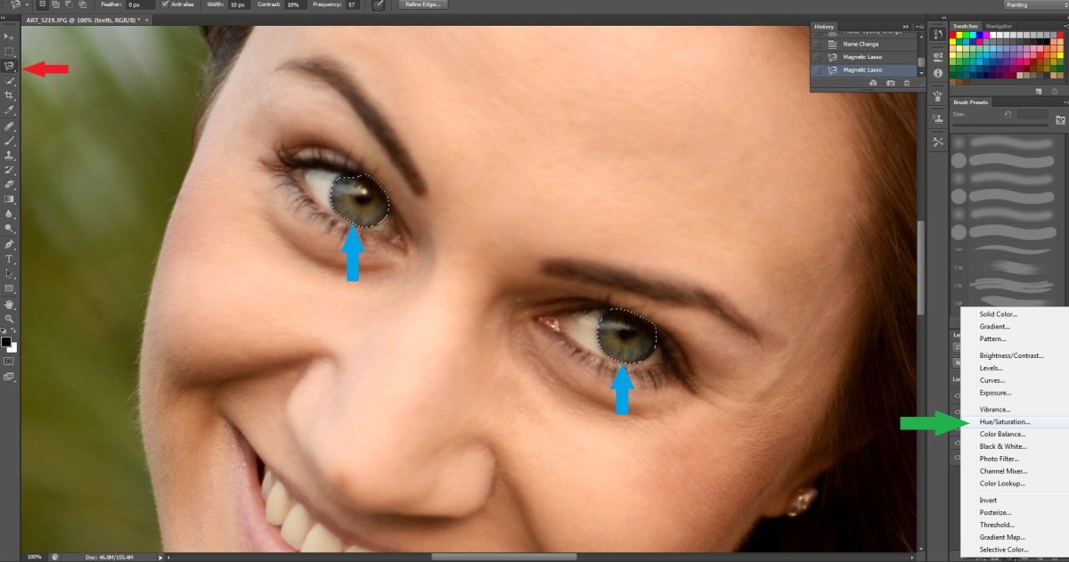 Red: Choose magnetic Lasso Tool Blue: Mark the pupils Green: Create new adjustment layer for Hue/Saturation