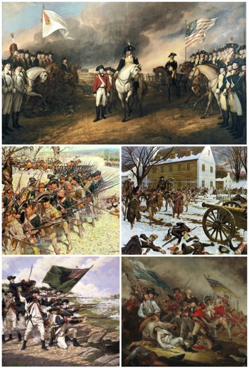 Clockwise from top left: Surrender of Lord Cornwallis after the Siege of Yorktown, Battle of Trenton, The Death of General Warren at the Battle of Bunker Hill, Battle of Long Island, Battle of Guilford Court House