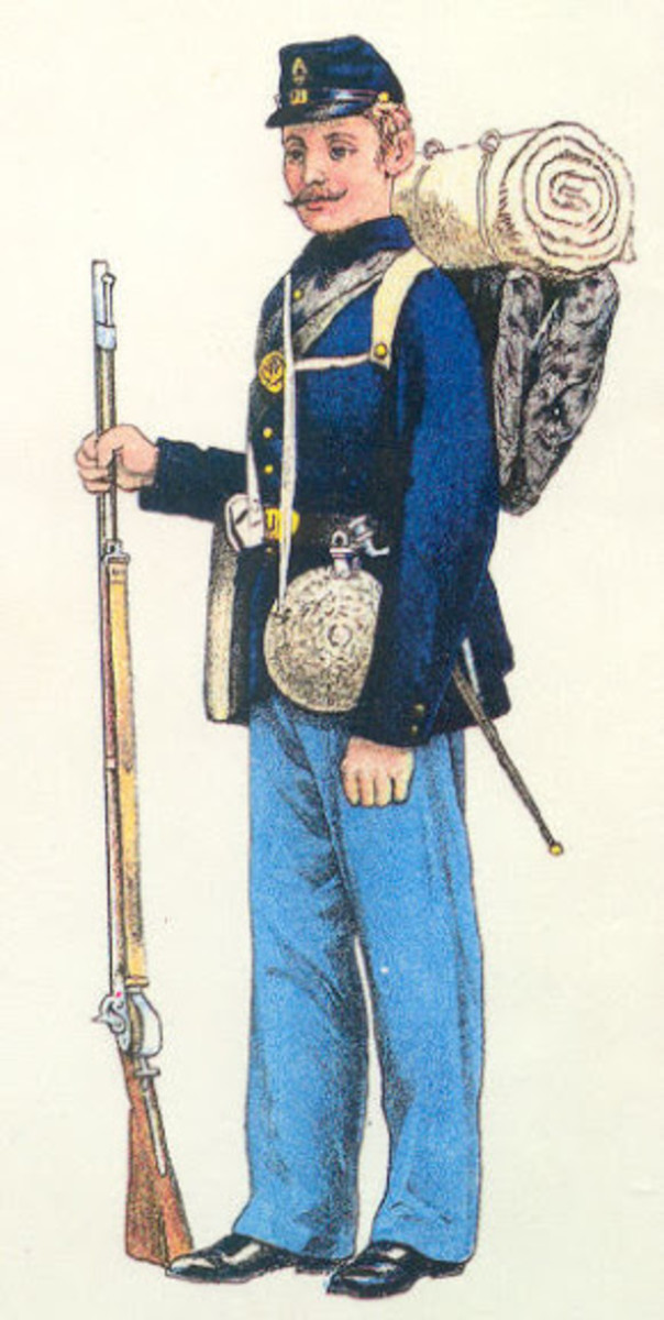 Illustration of a fully equipped Union Volunteer and how he wore his uniform and equipment. Not clearly seen, on his right side, are the cartridge box and the cap pouch.