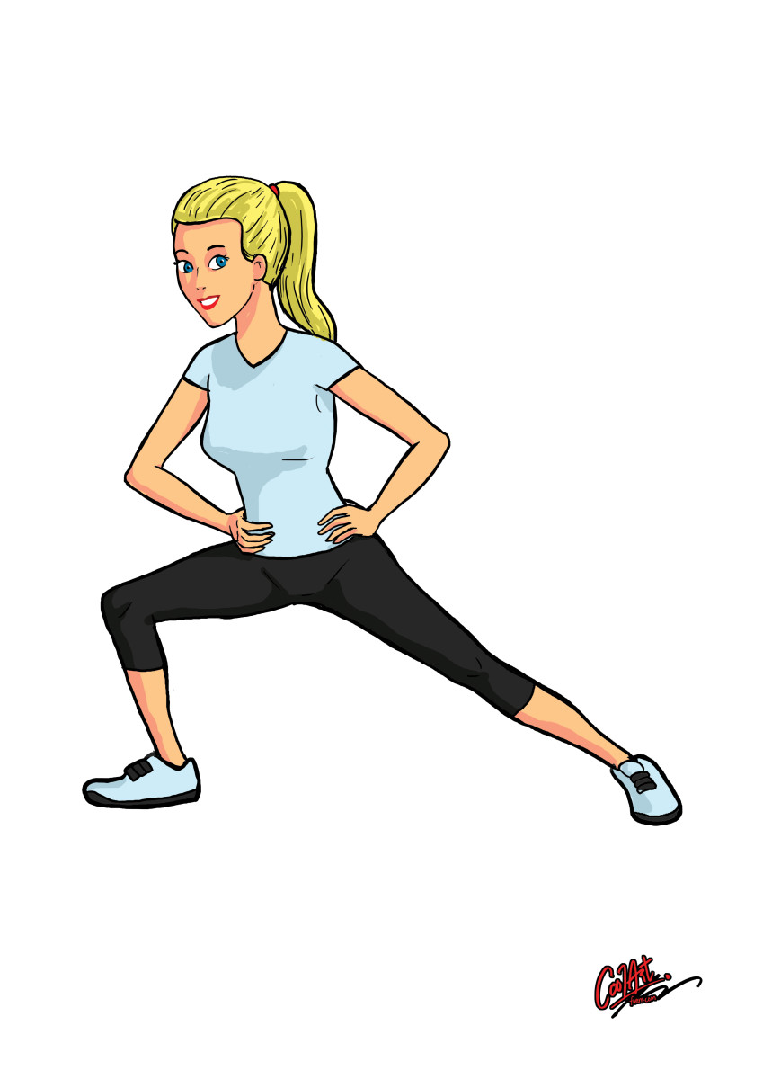 Hamstring Stretch diagram in clip art with a blond girl with her hair in a ponytail and black leggings and blue top demonstrating just one type of hamstring stretch to alleviate back pain