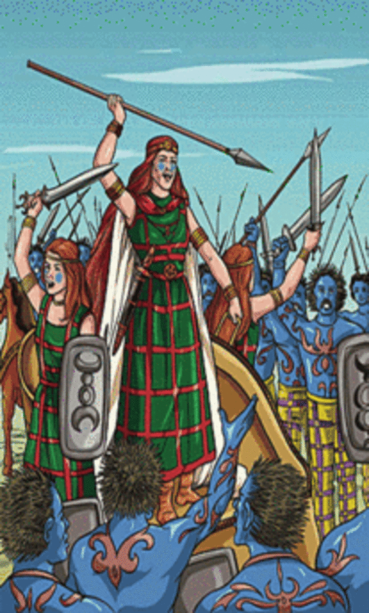 Boudica and her daughters celebrate a victory with their troops