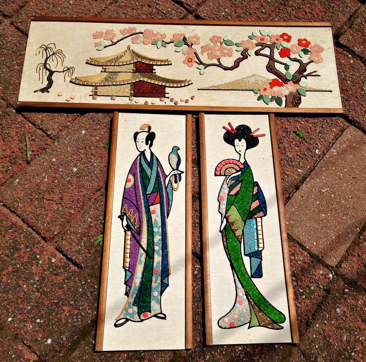Three Piece Vintage Asian Gravel Art Set Mid Century Modern. The large one measures 36" x 12.5. Smaller ones measure 24" x 8.5. 