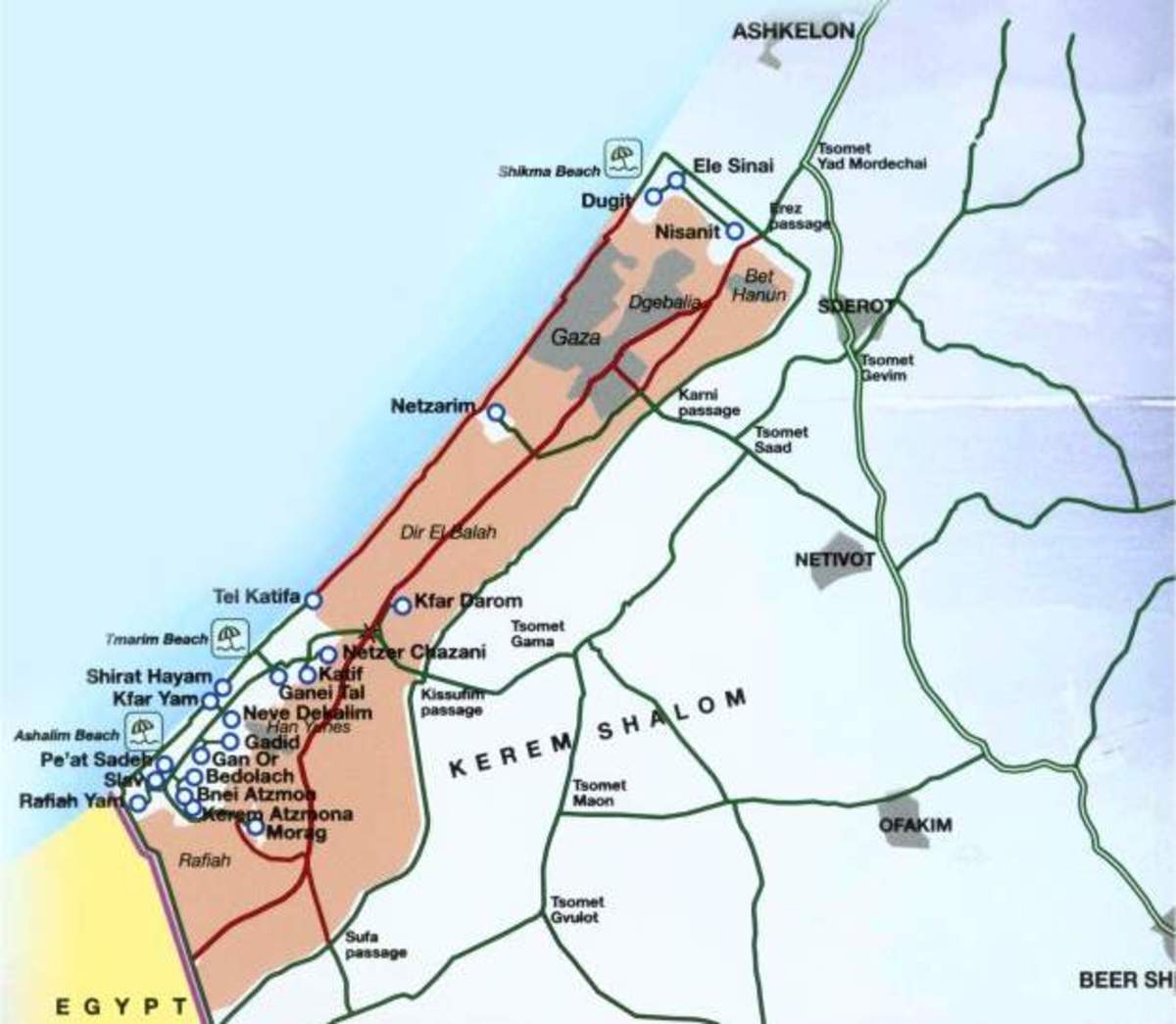 Map of Jewish Farming Communities in the Gaza Strip Prior to 2005