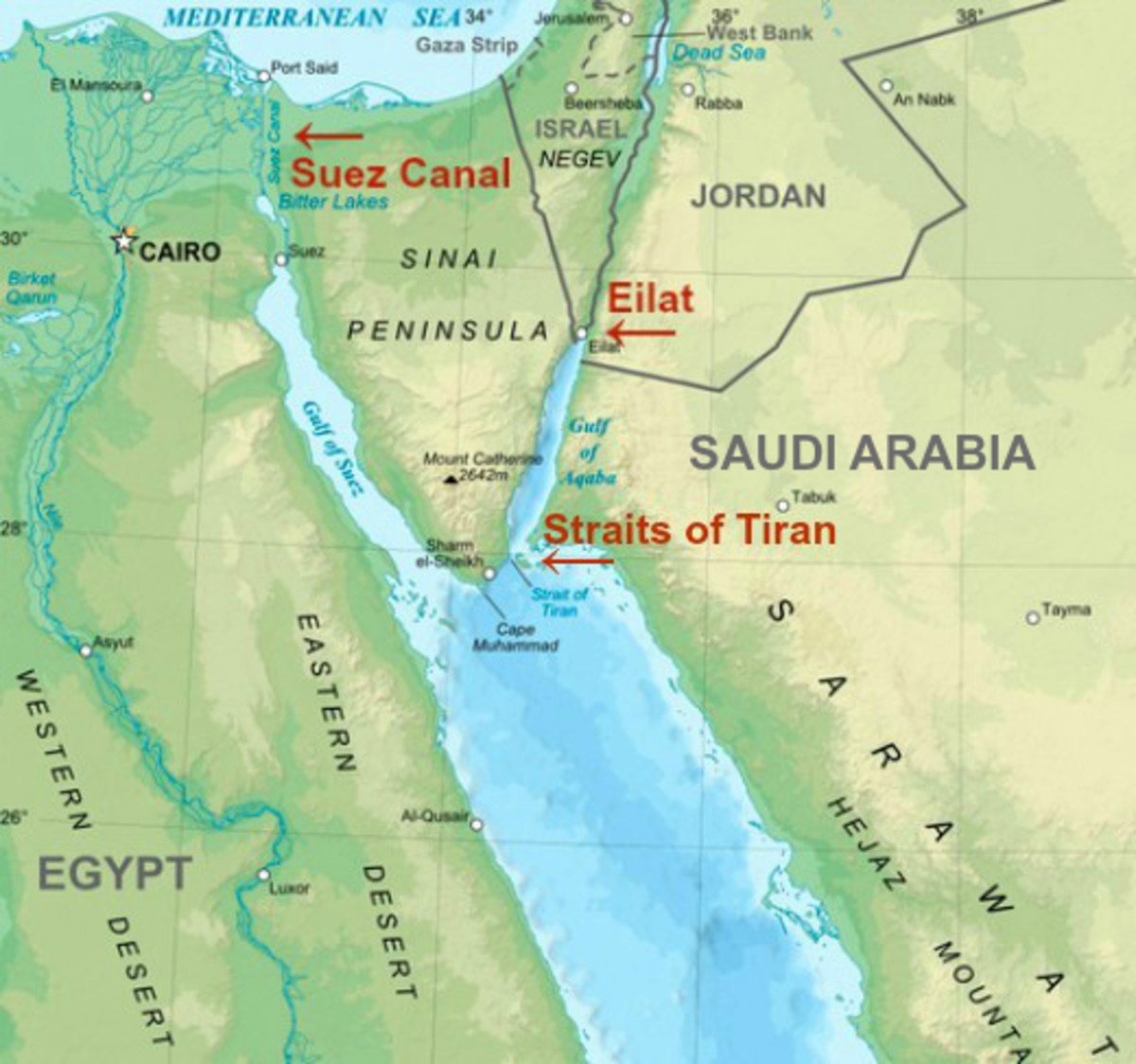 Map of the Suez Canal, the Rea Sea Port in Eilat, Israel, and the Straits of Tiran