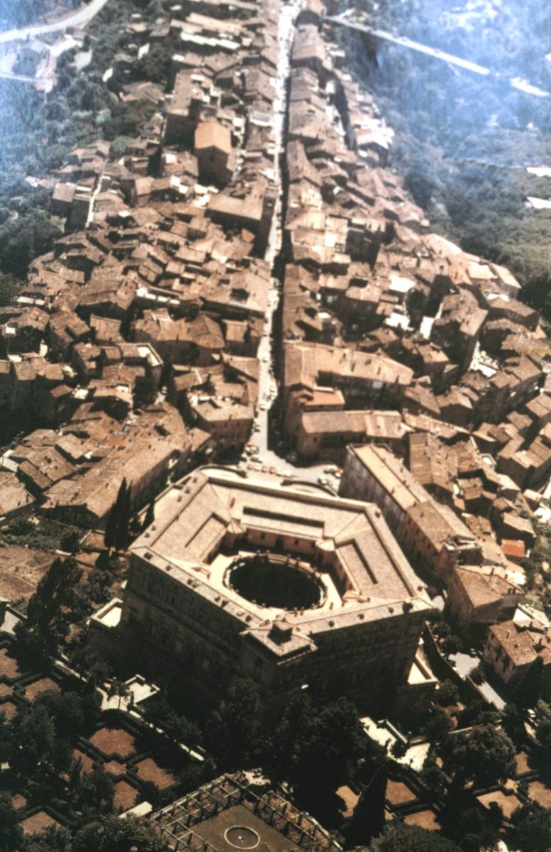 Aerial View of the Palazzo Farnese in Caprarola  - The picture shows clearly the circular shape of the court and the panoramic street opened by the cardinal Alessandro (the Younger)