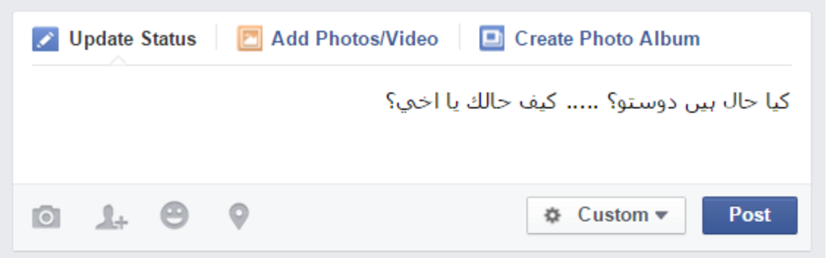 Write Facebook status in Urdu and Arabic.