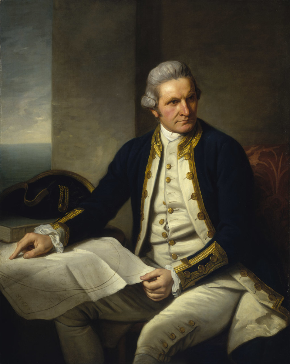 Captain James Cook portrayed by the artist with a chart. Cook's great contribution to the Admiralty was in his gift for drawing up and interpreting charts of hitherto uncharted regions