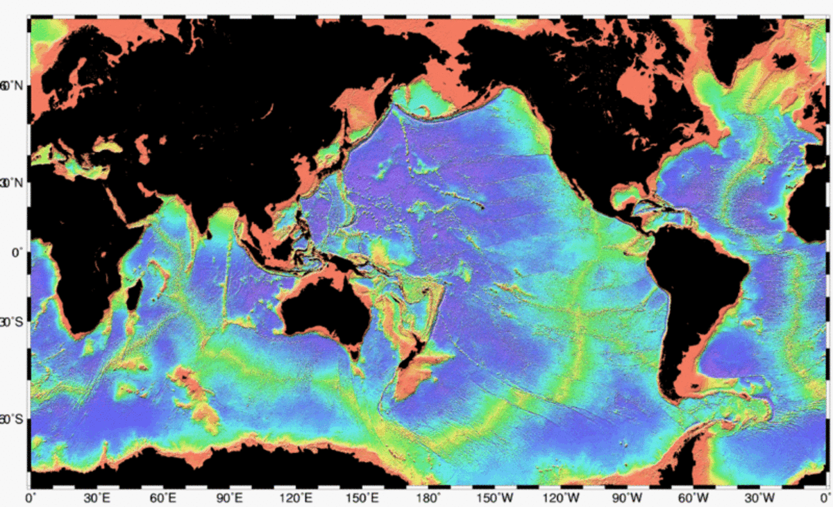 Computer generated image based on satellite data, showing the major mid-ocean ridges and deep sea trenches of the world's oceans
