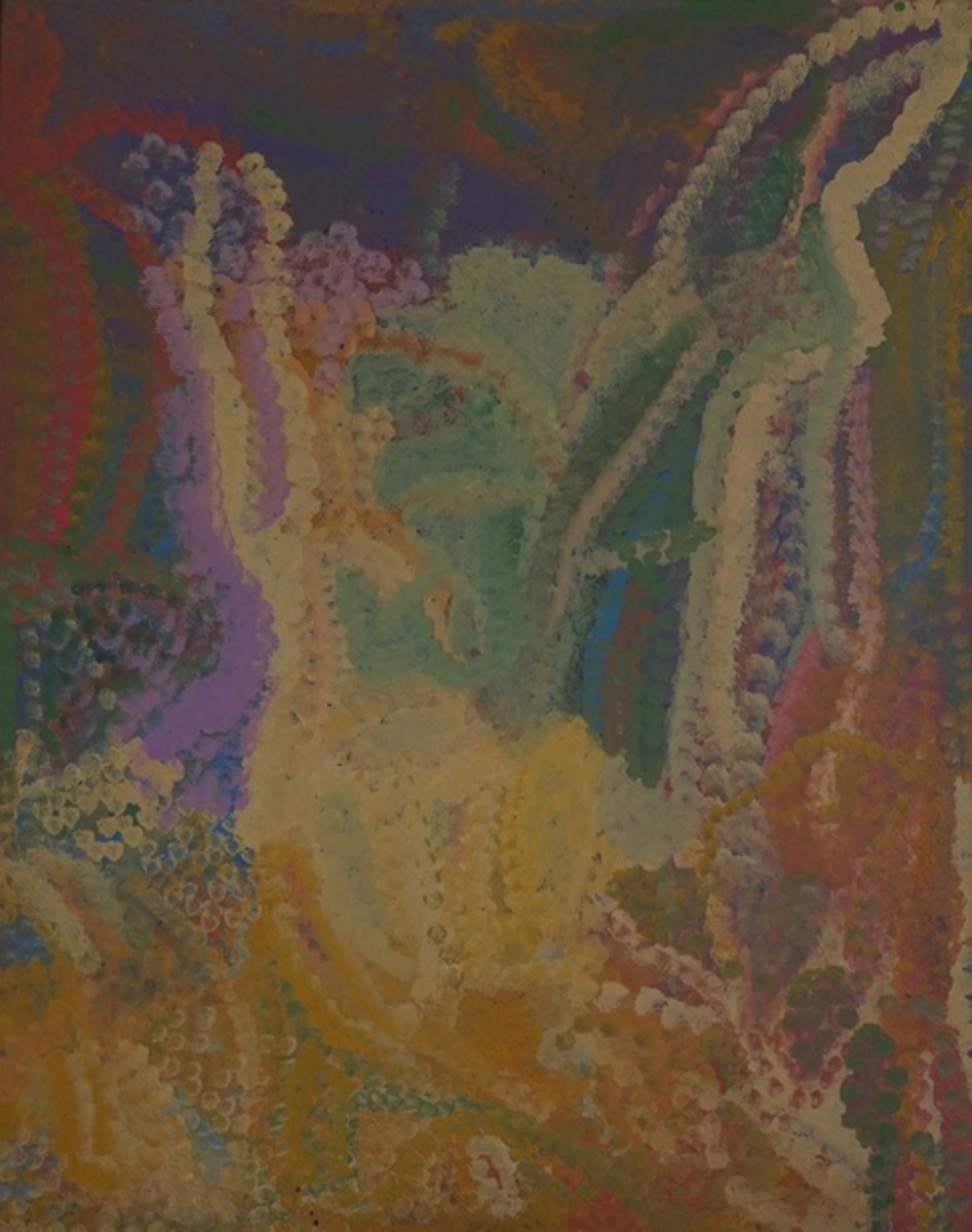 Emily Kame Kngwarreye, Winter Abstraction, 1993, Synthetic polymer paint on canvas, 59 7/16 x 47 ¼ in. (151 x 120 cm) Fondation Opale, Switzerland