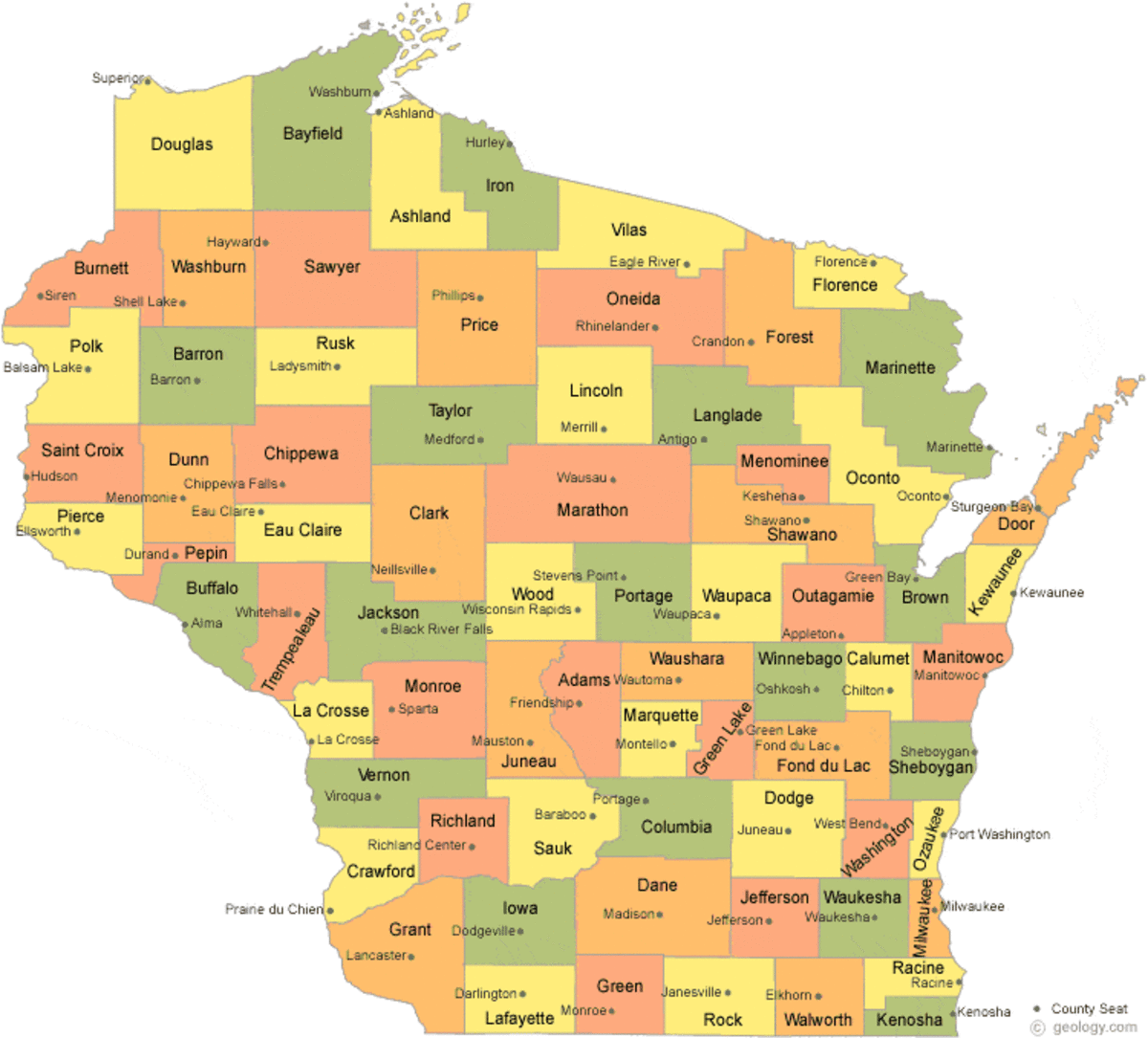 map of Wisconsin with counties listed