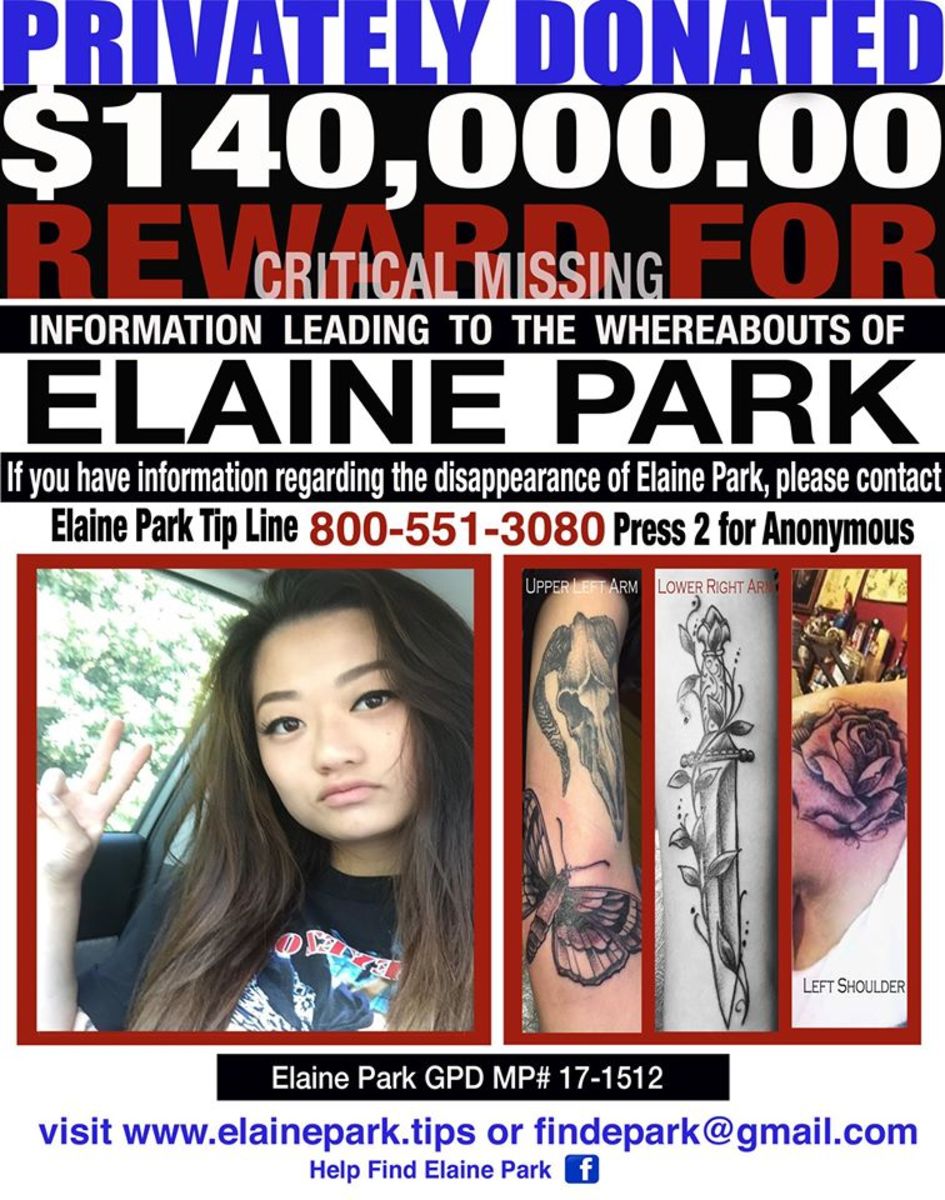 Here is a cropped version of Elaine's missing poster that shows her tattoos.