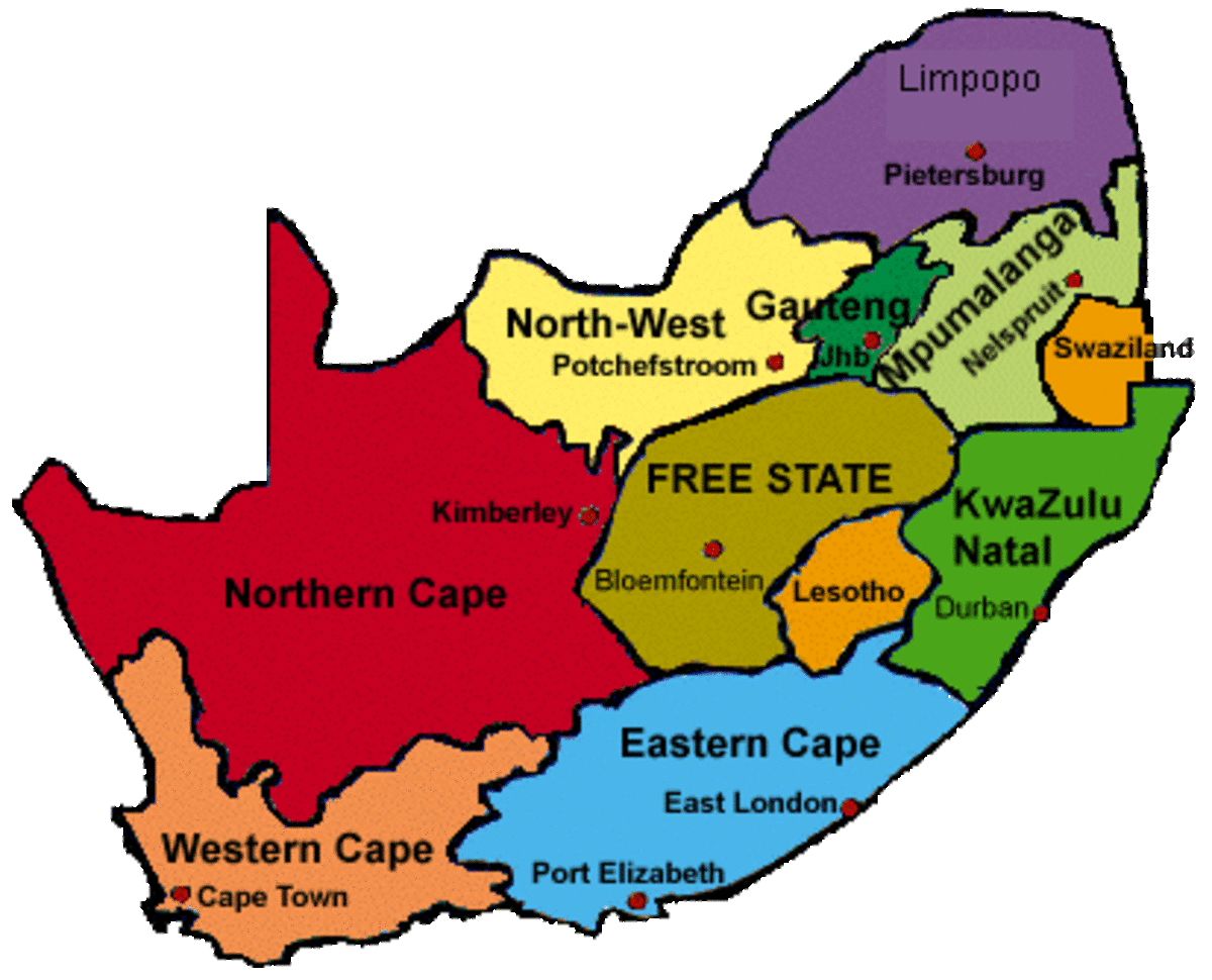 New South African Map with its new 9 provinces created since the African National Congress(ANC), South Africa's New ruling Party and ruling Government. 