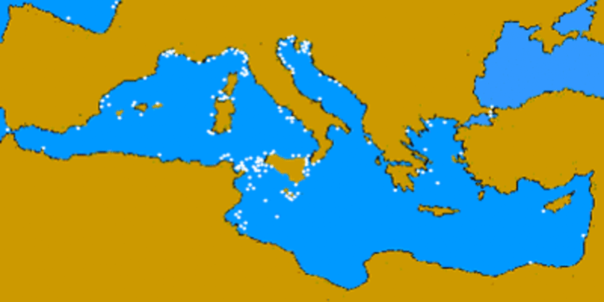 Map showing where the great white has been sighted in the Mediterranean Sea since the start of the last century