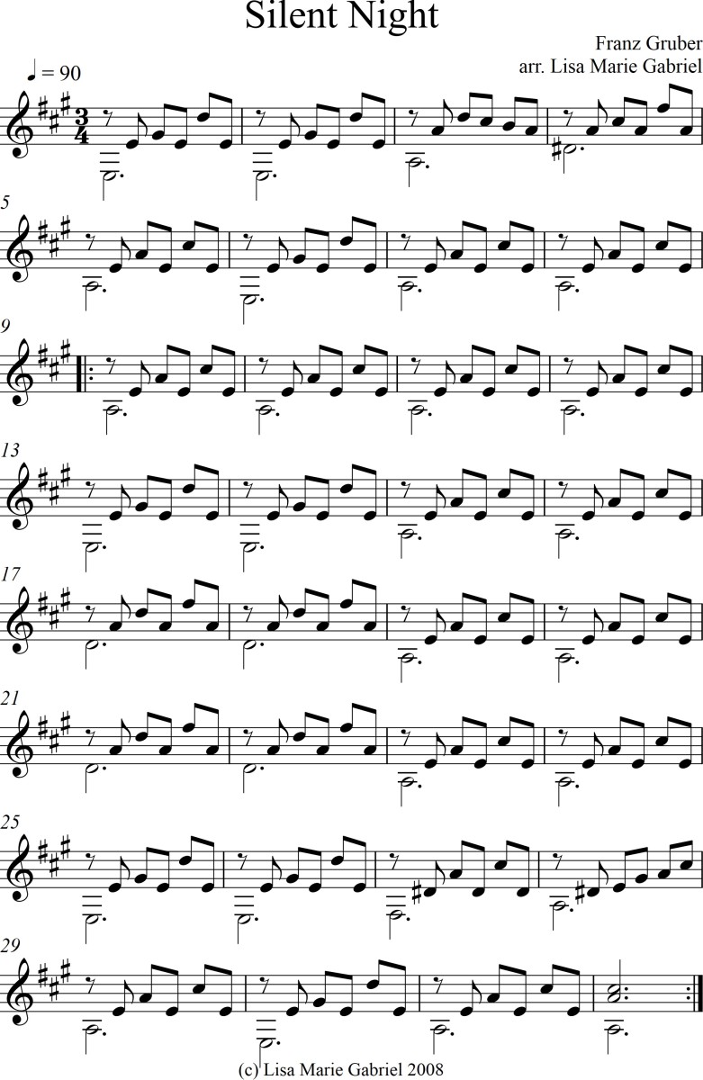 Arrangement of accompaniment for Silent Night in Key of A for classical guitar.