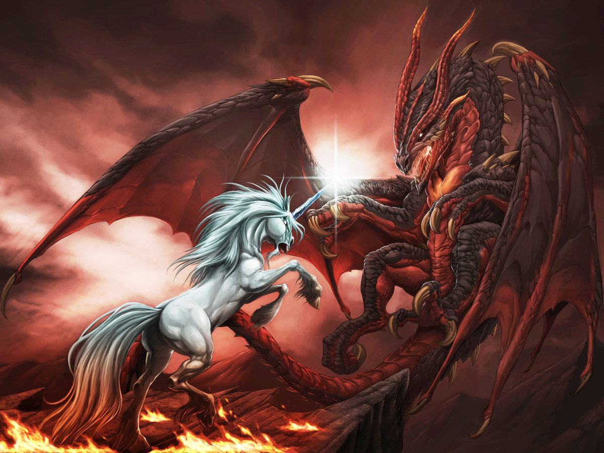dragon, unicorn battle