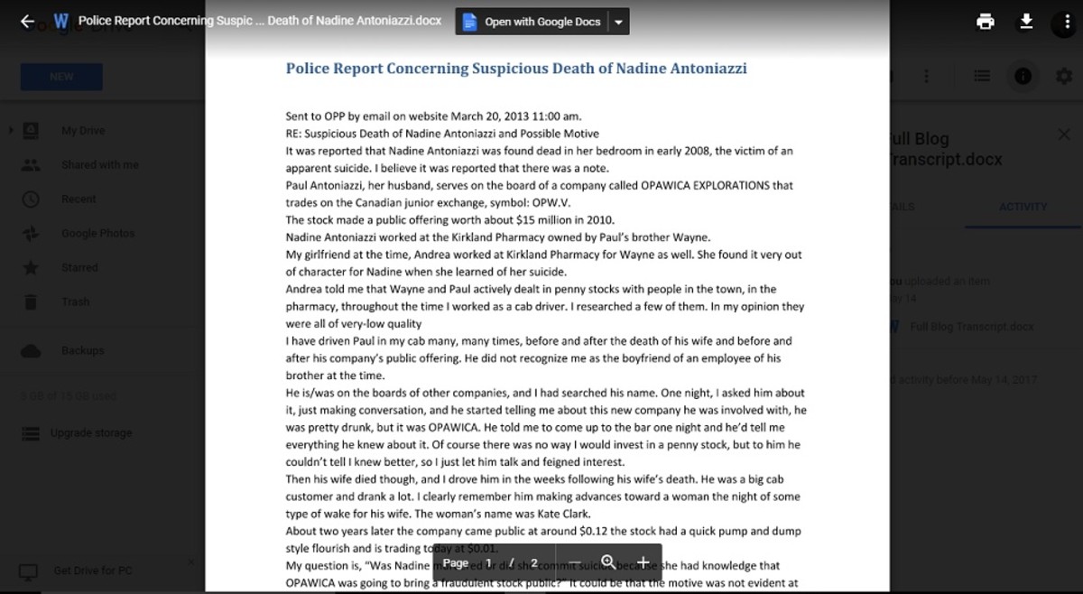 Copy of report to OPP regarding the suspicious death of Nadine Antoniazzi