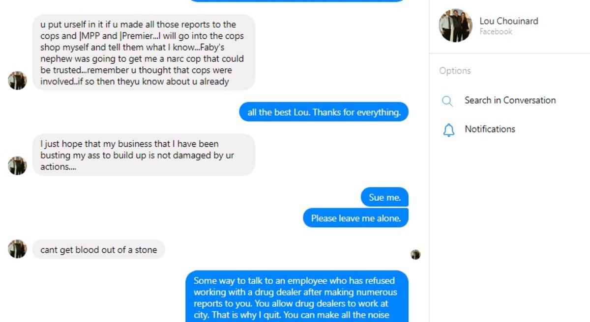 Screenshot from Facebook conversation with Ontario government subcontractor Lou Chouinard