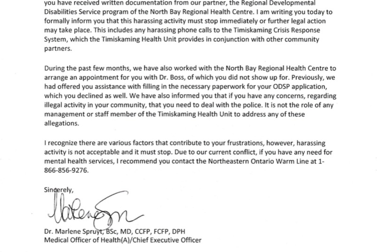 Letter from Dr. Marlene Spruyt, CEO of the Temiskaming Health Unit