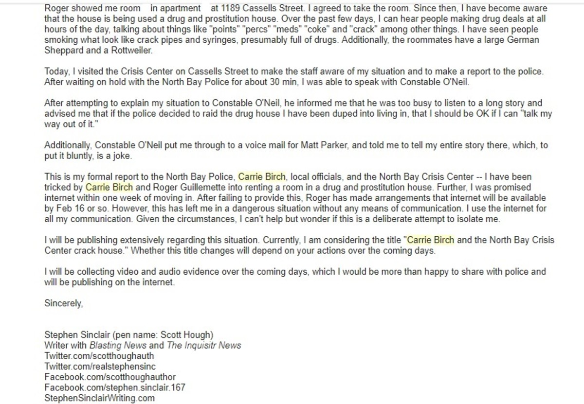 Screenshot from email to the North Bay Police Service