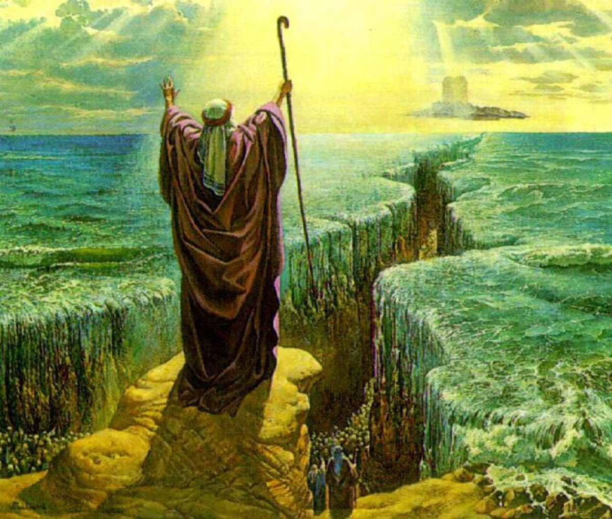 Moses lifting his arms before the Red Sea.