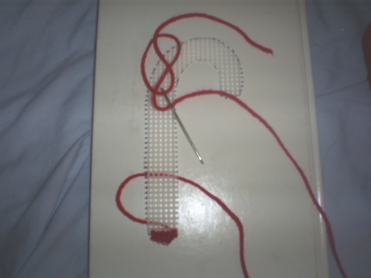Cut out the candy cane on the plastic canvas.  Use red yarn to add the first row.