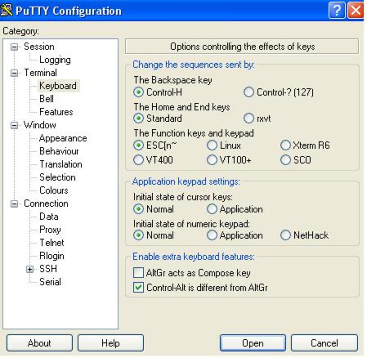 Keyboard settings for putty , Check settings for how putty will interpret a backspace function