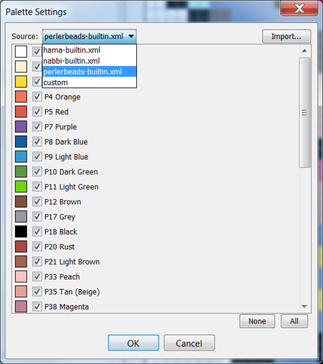 Perler program's palette window.