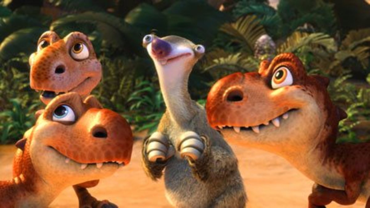 Sid the sloth & the baby dinosaurs in ICE AGE: DAWN OF THE DINOSAURS the movie
