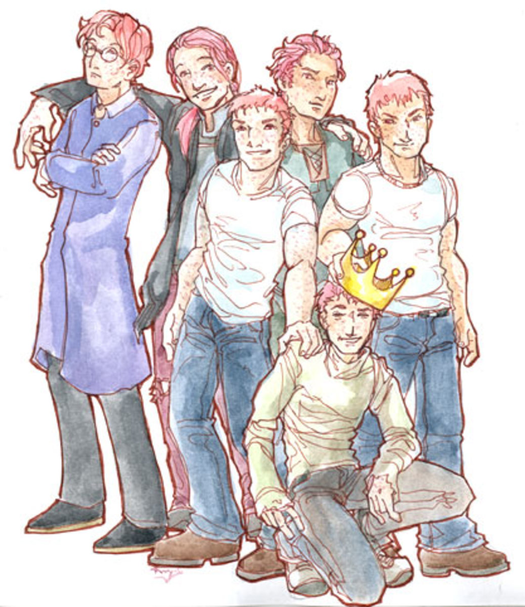 Percy, Bill, Fred, Charlie, Ron, George - this is a great piece of art that captures the essence of the Weasley brothers. You can see the disdain Percy has and the love they all have for each other.