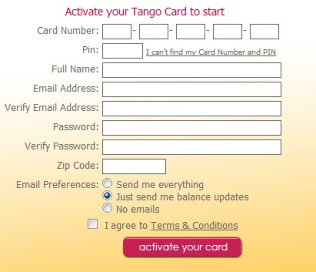 Tango cards can be activated via the web, or through the mobile app.