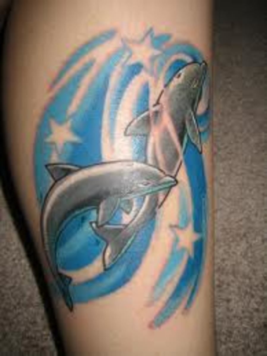 Beautiful tattoo of dolphins with stars incorporated.