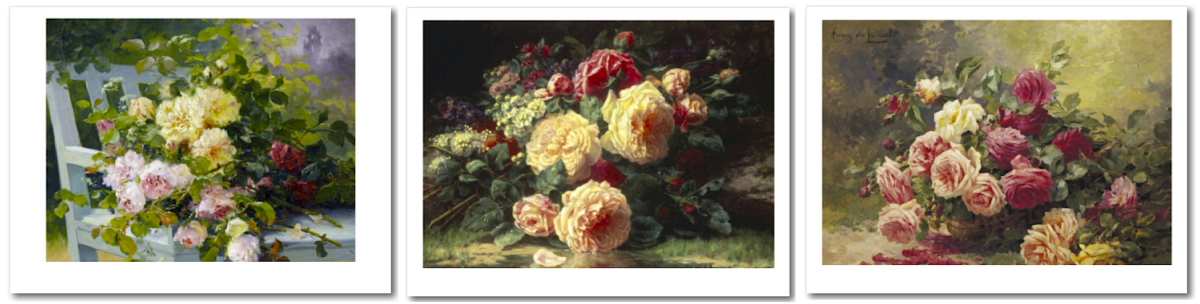 Left to Right: Romantic Roses by Eugene Henri Cauchois, June Days by Jean-Baptiste Robie, and Roses by A. T. Furcy de Lavault