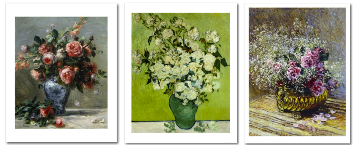 Left to Right: Vase of Roses by Pierre Auguste Renoir, Vase of White Roses by Vincent Van Gogh, Roses in a Copper Vase by Claude Monet