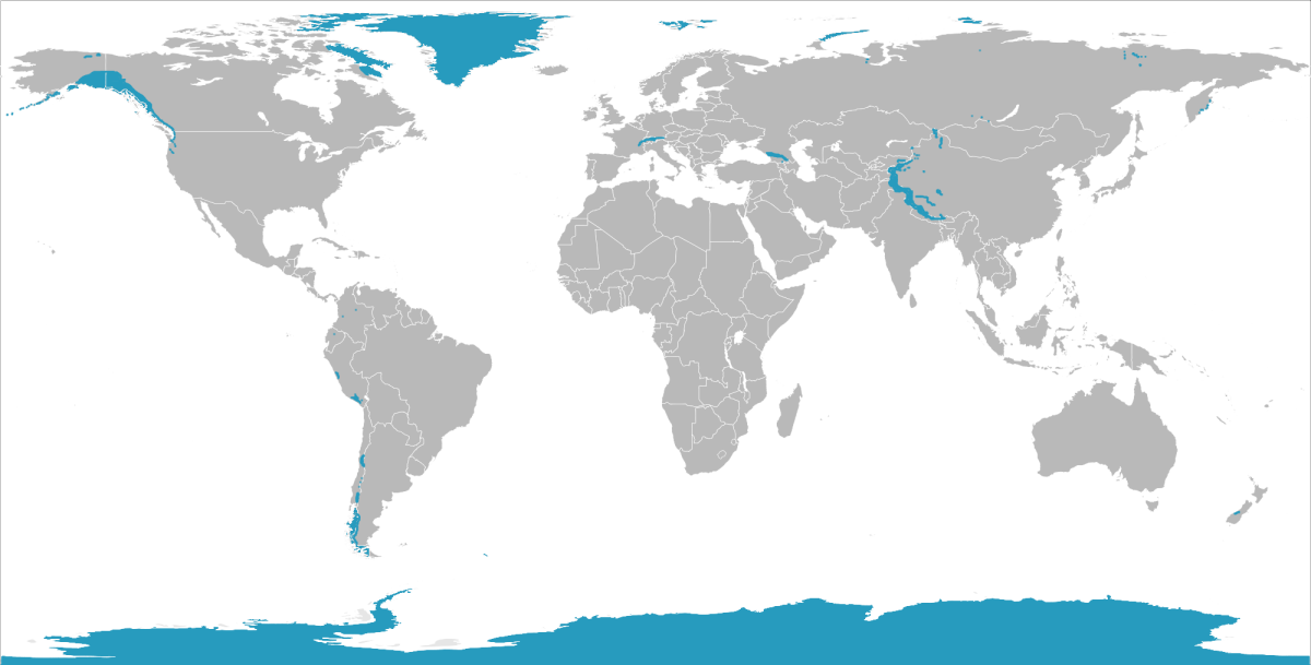Where glaciers can be found (in blue.)