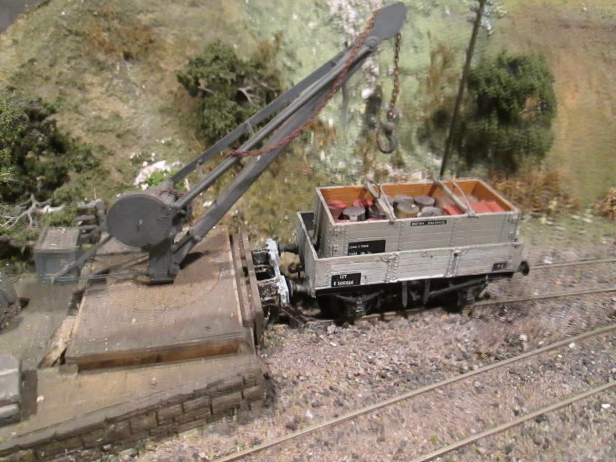 Ex-LNER 4-plank open sits on the crane road with an open DX-type container (not strictly to the rule book, but at least it couldn't fall off the wagon)