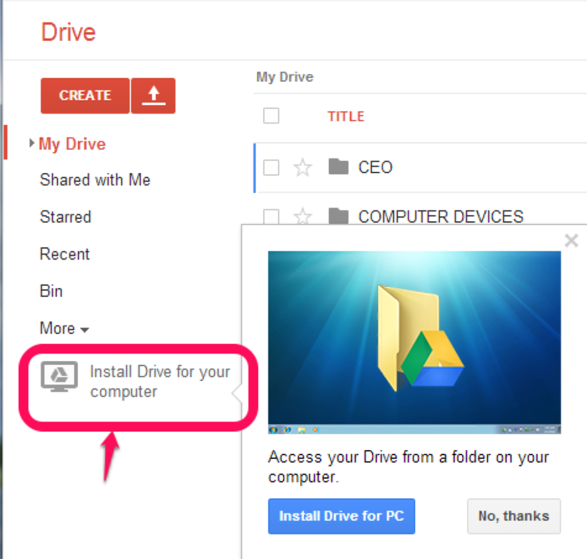 Install Drive folder from within Drive 