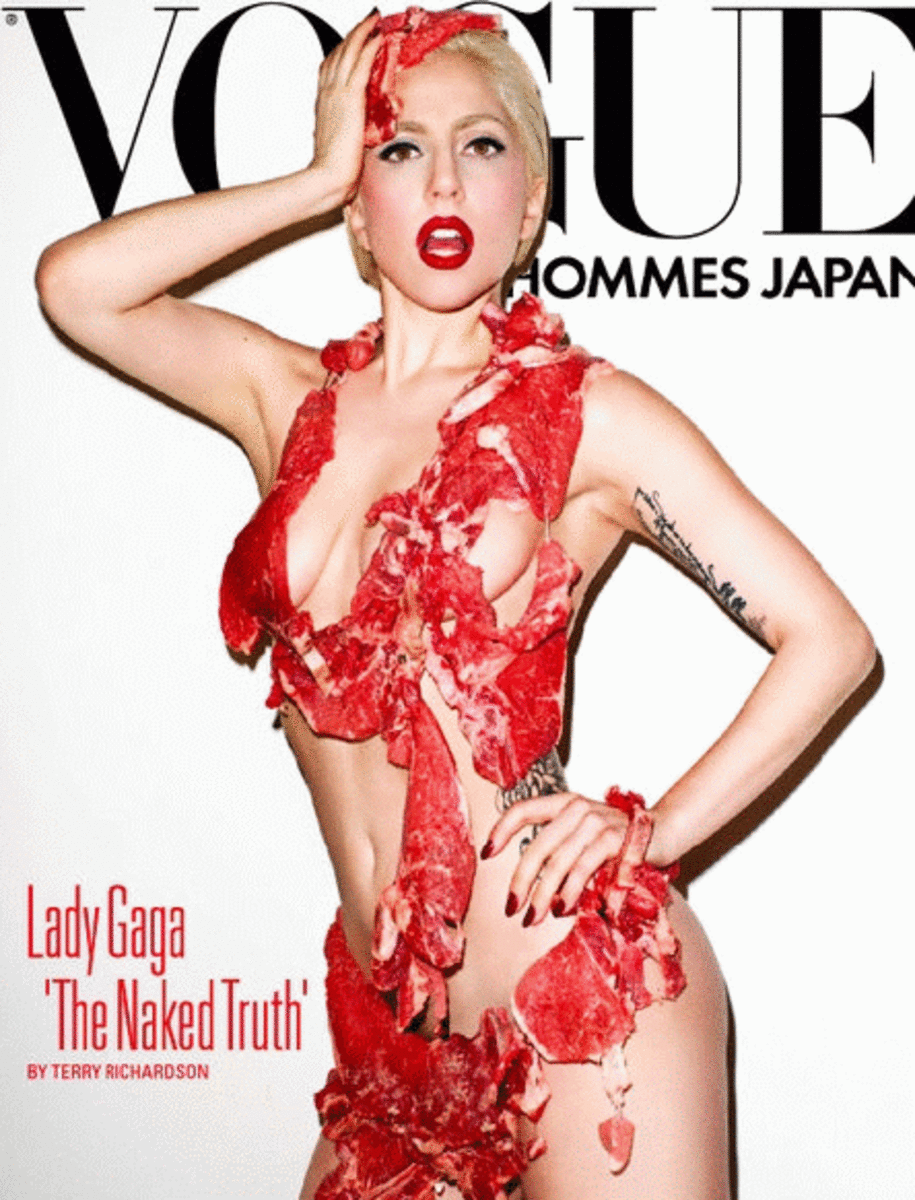 Lady Gaga on the cover of Vogue in what's left of the highly controversial 'meat dress!'