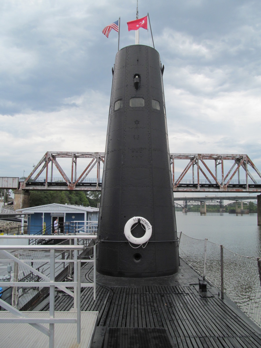 Top deck of the USS Razorback, with AR River and Junction Bridge 