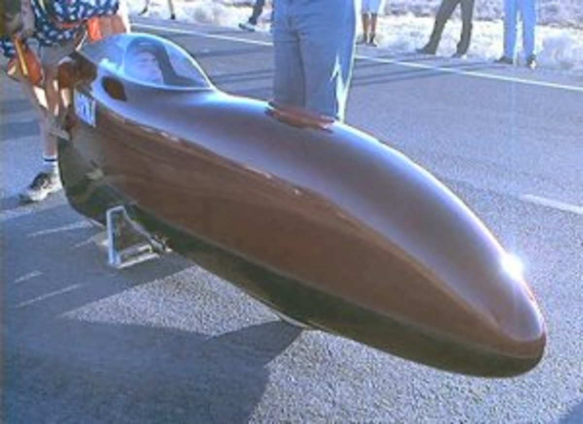 A Varna fully faired racing recumbent. This currently is the fastest human powered vehicle on the planet to date.