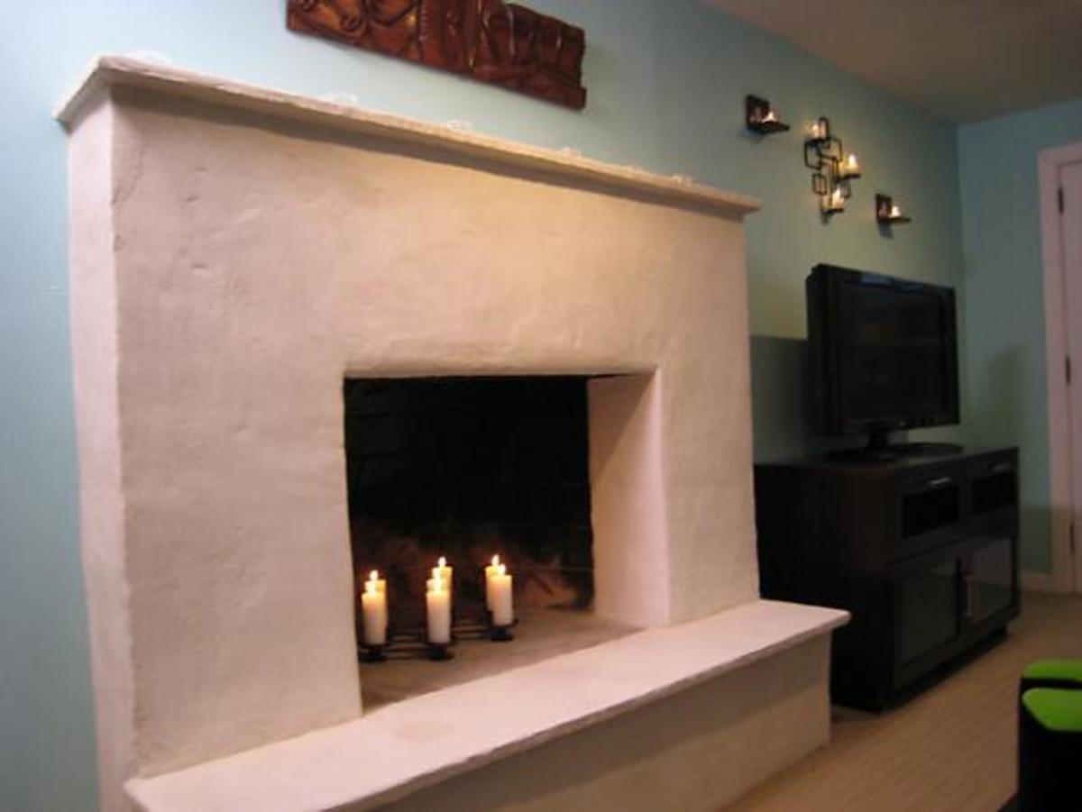 This refaced fireplace has no trace of its outdated masonry.