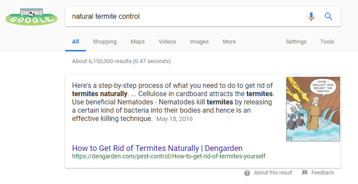 I have the snippet for natural termite control, today the 16th of June 2018. This is before I edit the hub to make it the best. I am browsing privately, for those of you wondering. 