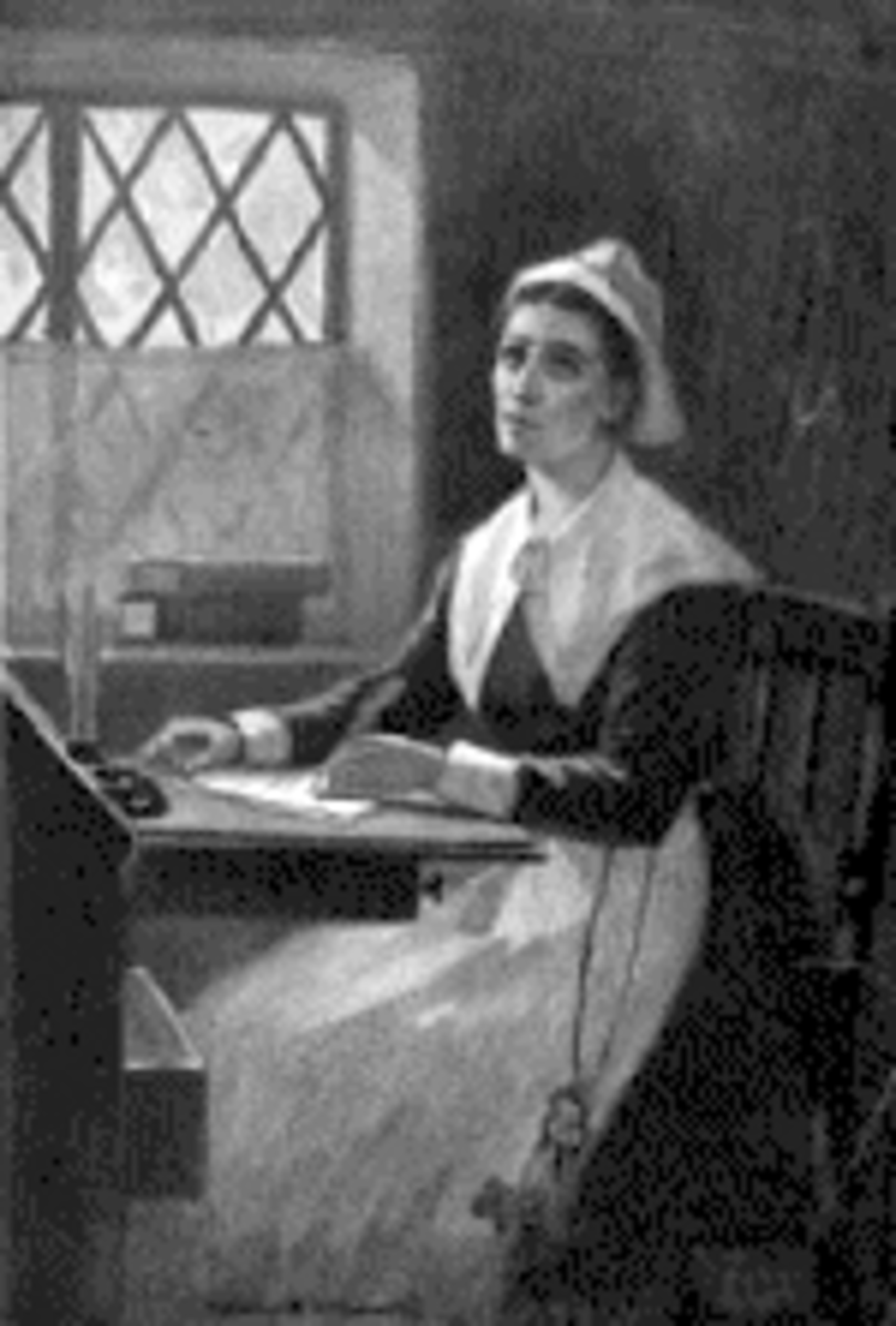 A Puritan woman at her writing desk.