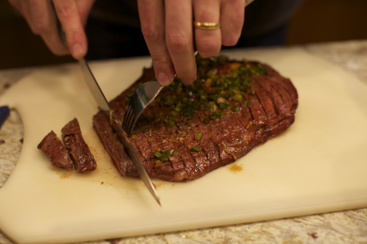 Using a sharp knife, slice 1/4-inch thick slices across the grain. 