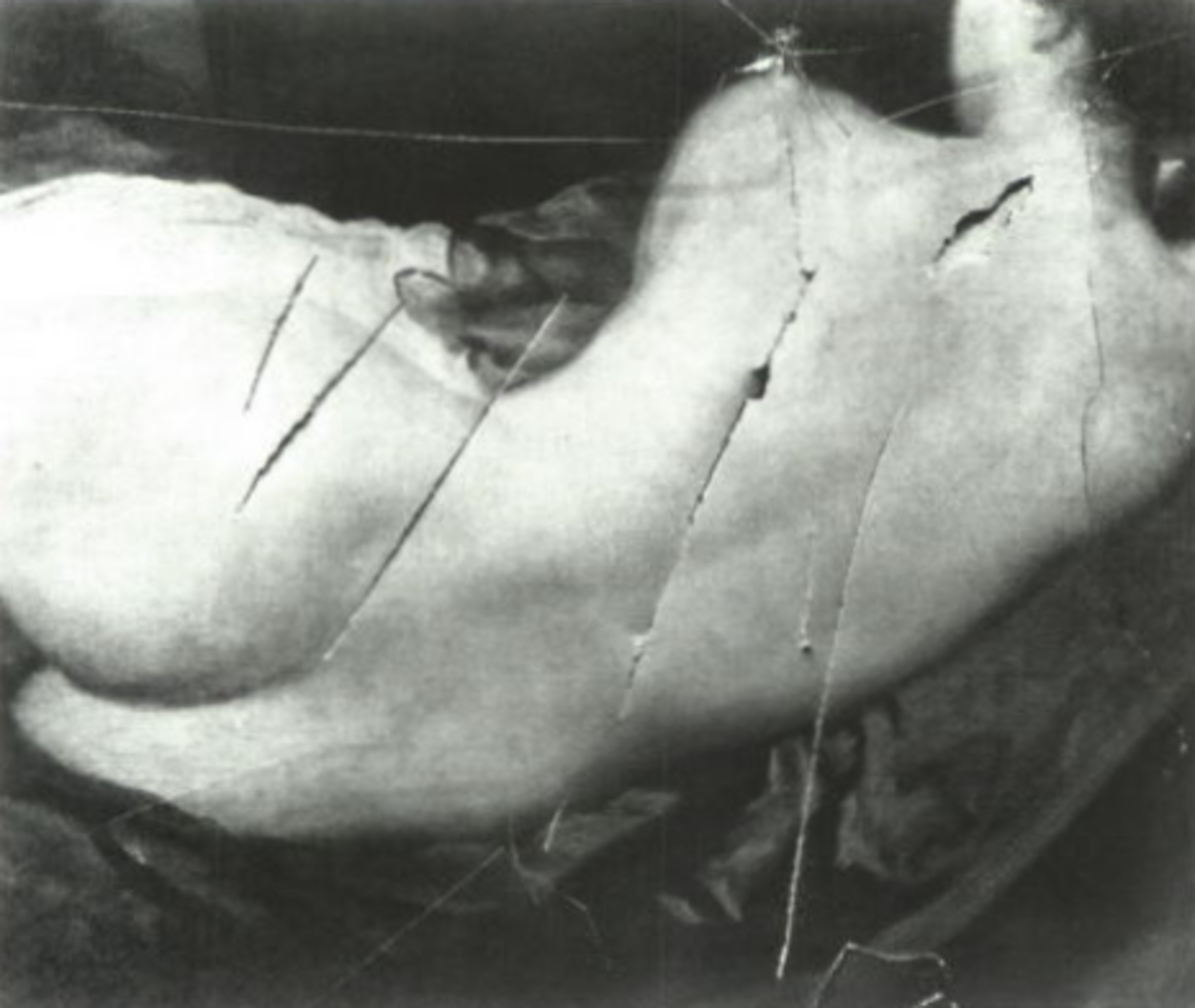 The slashes cut by suffragette Mary Richardson in 1914 on Velazquez' "Rokeby Venus," while hanging at the National Gallery, London.